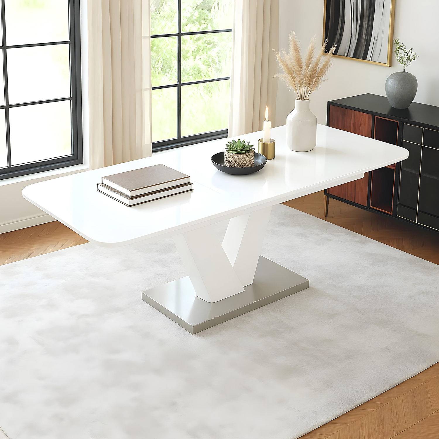 Ezio Glass 6 to 8 Seater Extendable Dining Table - White High Gloss Finish