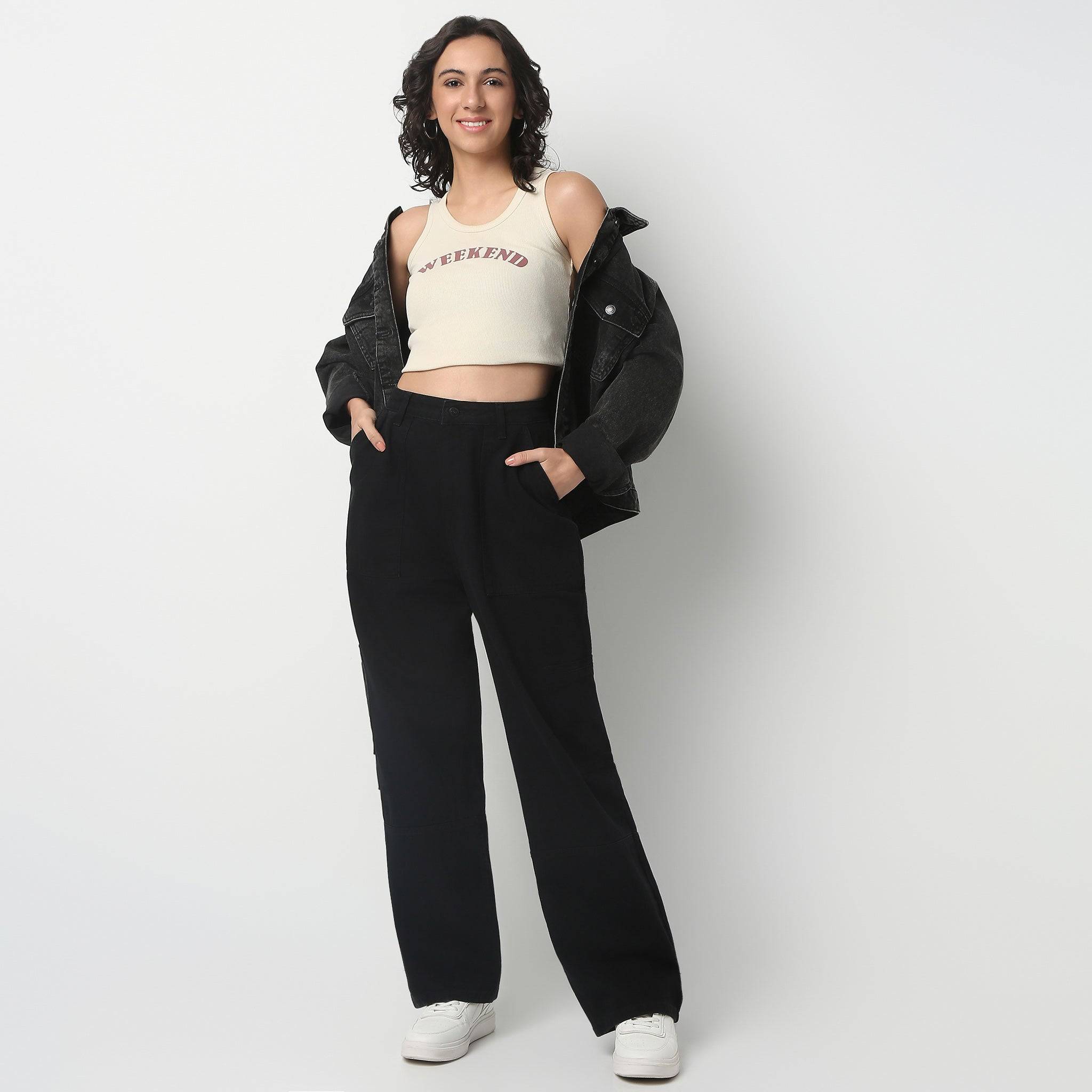 Full Length Boot Cut Solid Highwaist Patch Pocket Cargos