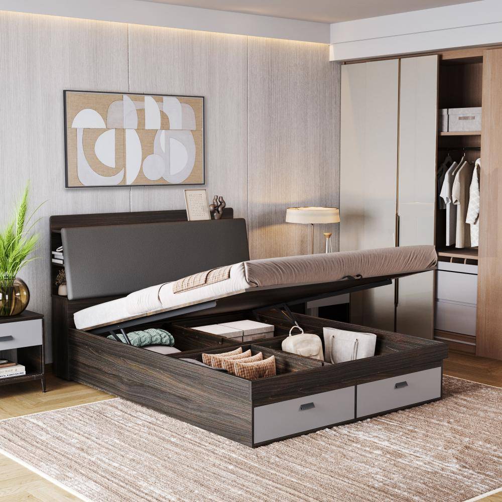 Atlas Queen Storage Engineered Wood Bed With Hydraulic Mechanism With Thunder Cloud Upholstered Headboard (78x60 inch)