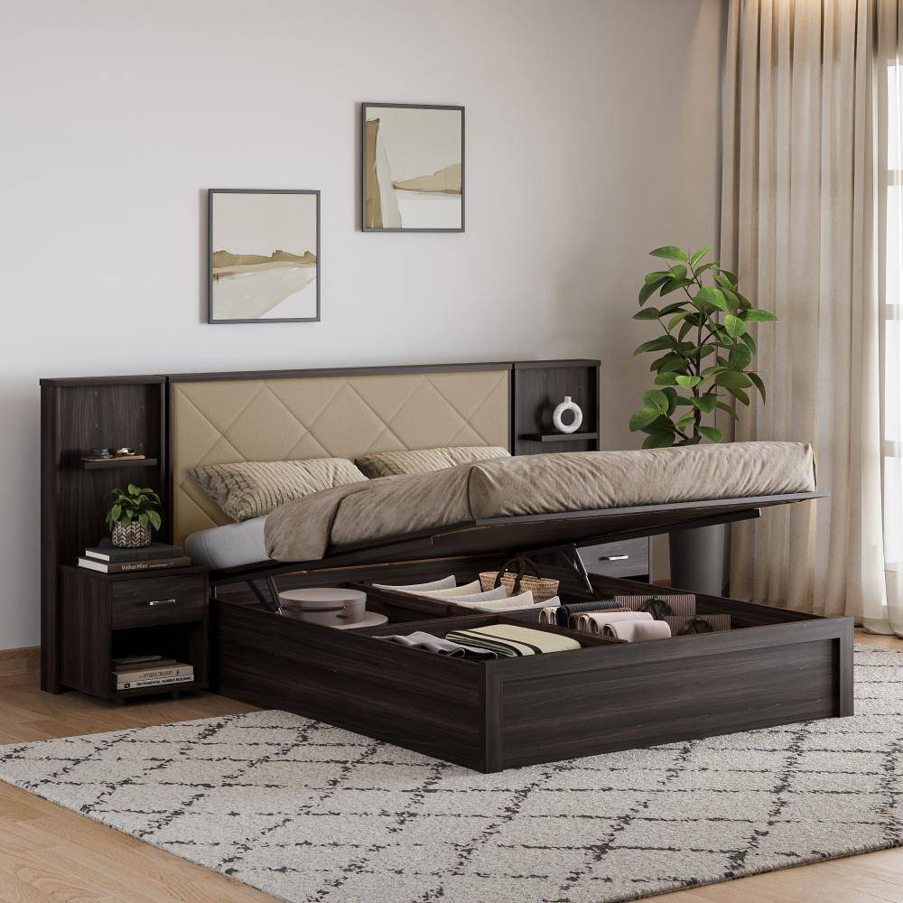Noctis Queen Storage Engineered Wood Bed With Beige Fabric Upholstered Headboard-with Hydraulic mechanism (78x60 inch)