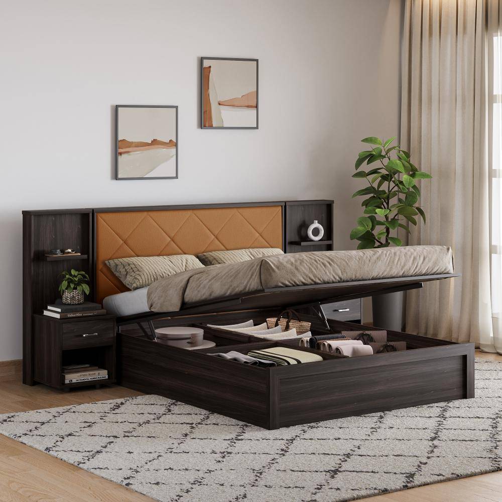 Noctis Queen Storage Engineered Wood Bed With Camel Fabric Upholstered Headboard-with Hydraulic mechanism (78x60 inch)