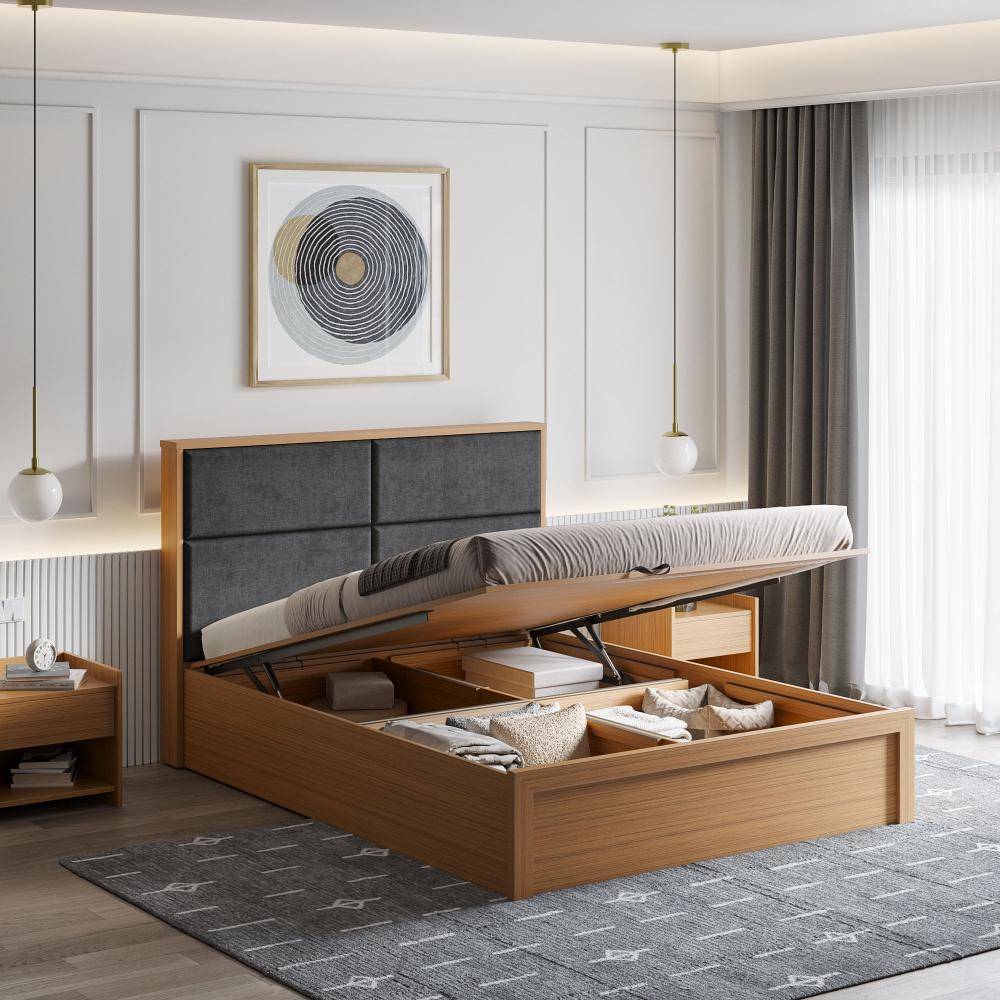 Eclipse Queen Size Bed with Dark Grey Upholstered Headboard- with Hydraulic Storage (78x60 inch)