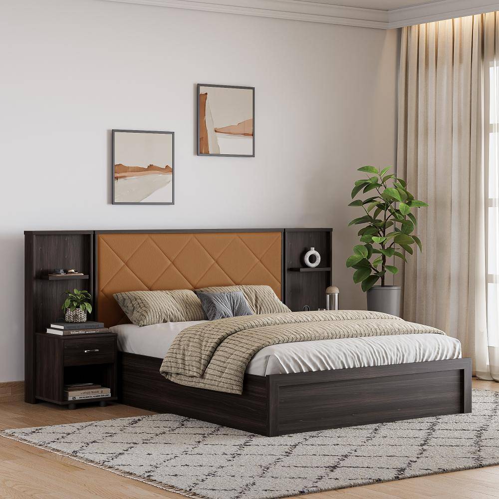 Noctis Queen Storage Engineered Wood Bed With Camel Fabric Upholstered Headboard (78x60 inch)