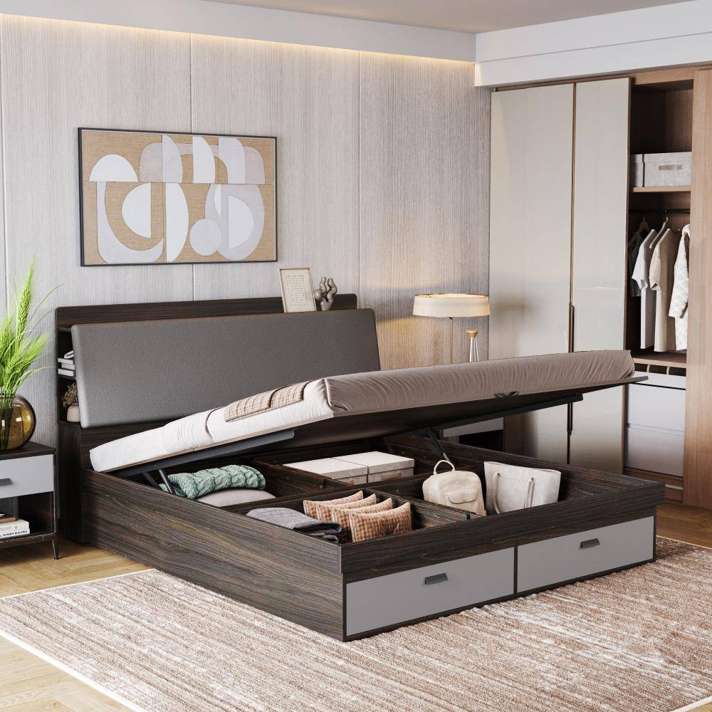 Atlas King Storage Engineered Wood Bed With Hydraulic Mechanism With Thunder Cloud Upholstered Headboard (78x72 inch)