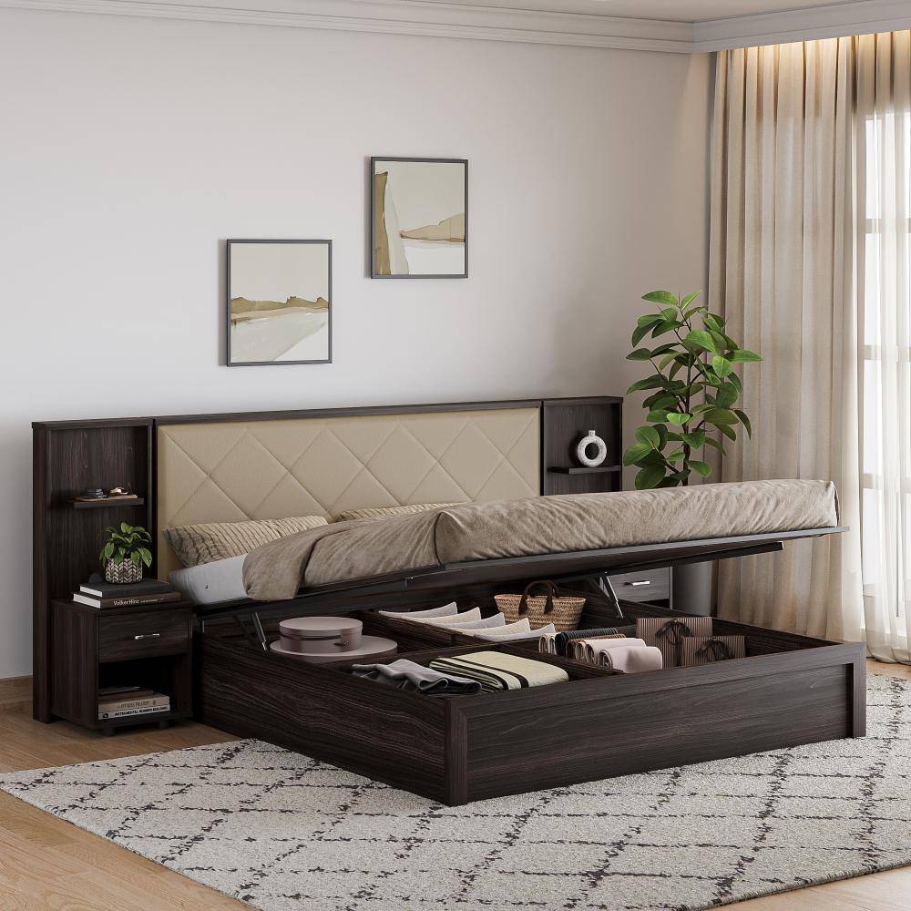 Noctis King Storage Engineered Wood Bed With Beige Fabric Upholstered Headboard-with Hydraulic mechanism (78x72 inch)