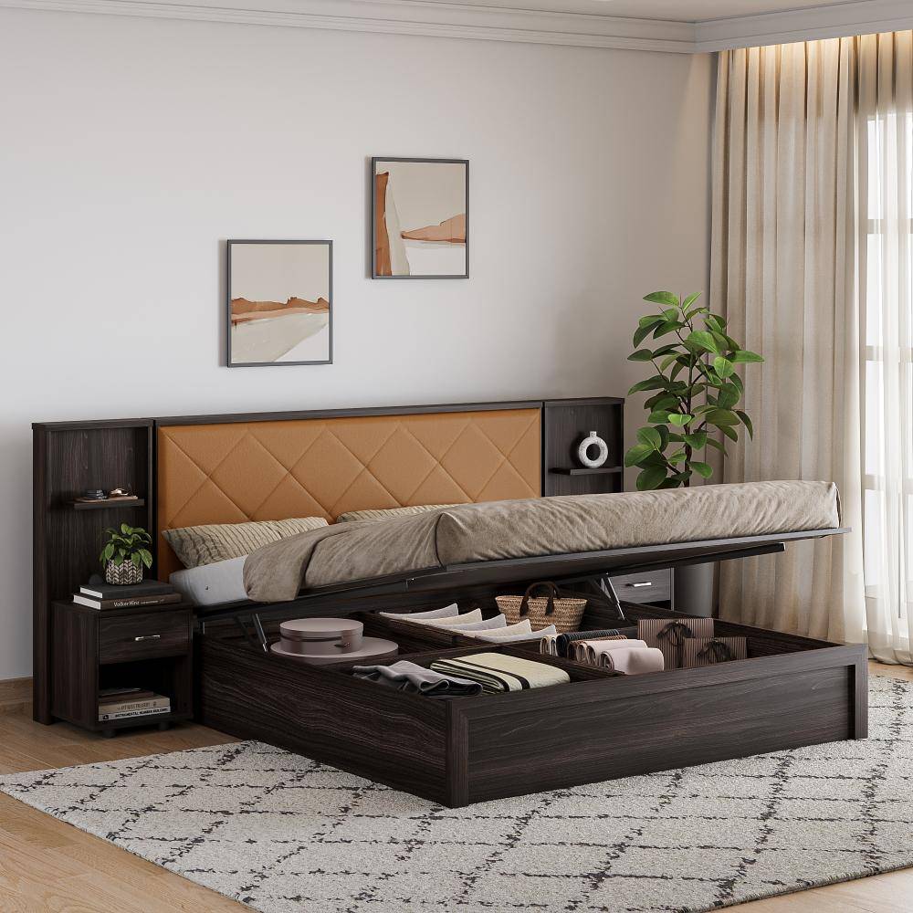 Noctis King Storage Engineered Wood Bed With Camel Fabric Upholstered Headboard-with Hydraulic mechanism (78x72 inch)