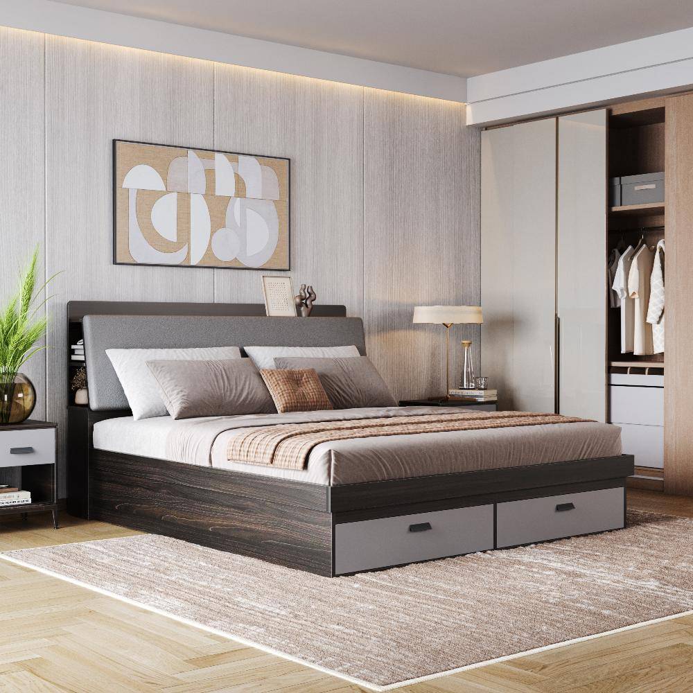 ATLAS King Storage Engineered Wood Bed-Wyoming Maple (78x72 inch)