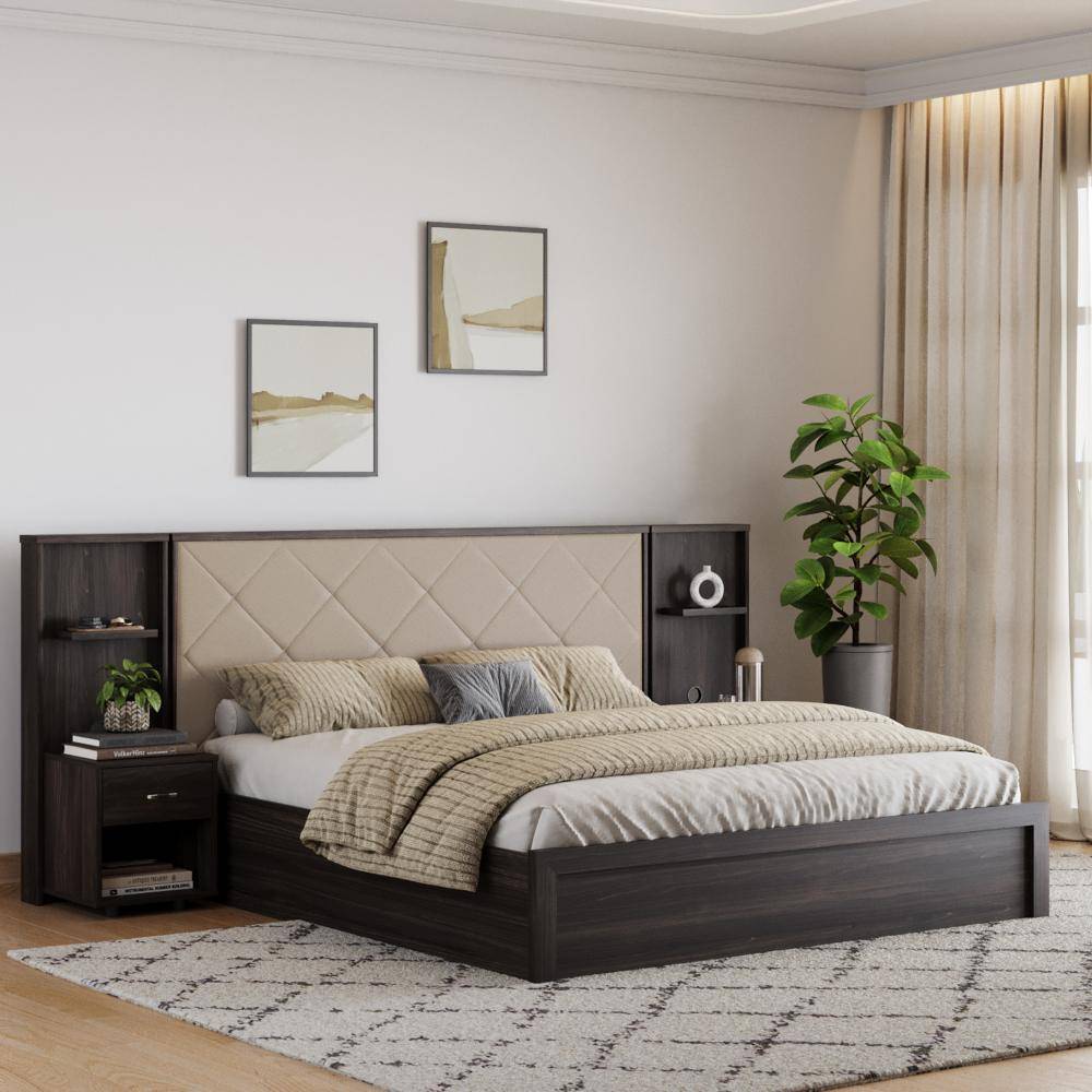 Noctis King Storage Engineered Wood Bed With Beige Fabric Upholstered Headboard (78x72 inch)