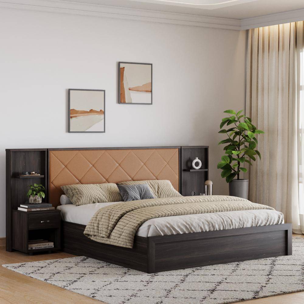 Noctis King Storage Engineered Wood Bed With Camel Fabric Upholstered Headboard (78x72 inch)