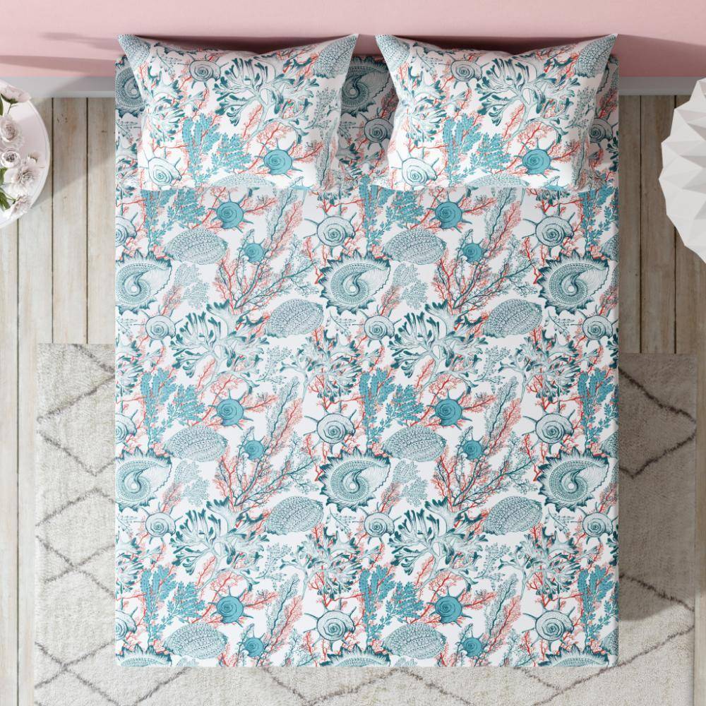 100% Cotton 200 TC Fitted Bedsheet With 2 Pillow Covers | Aquatic King, 78" x 72", Aquatic | 1.98m x 1.83m (78x72 inch)