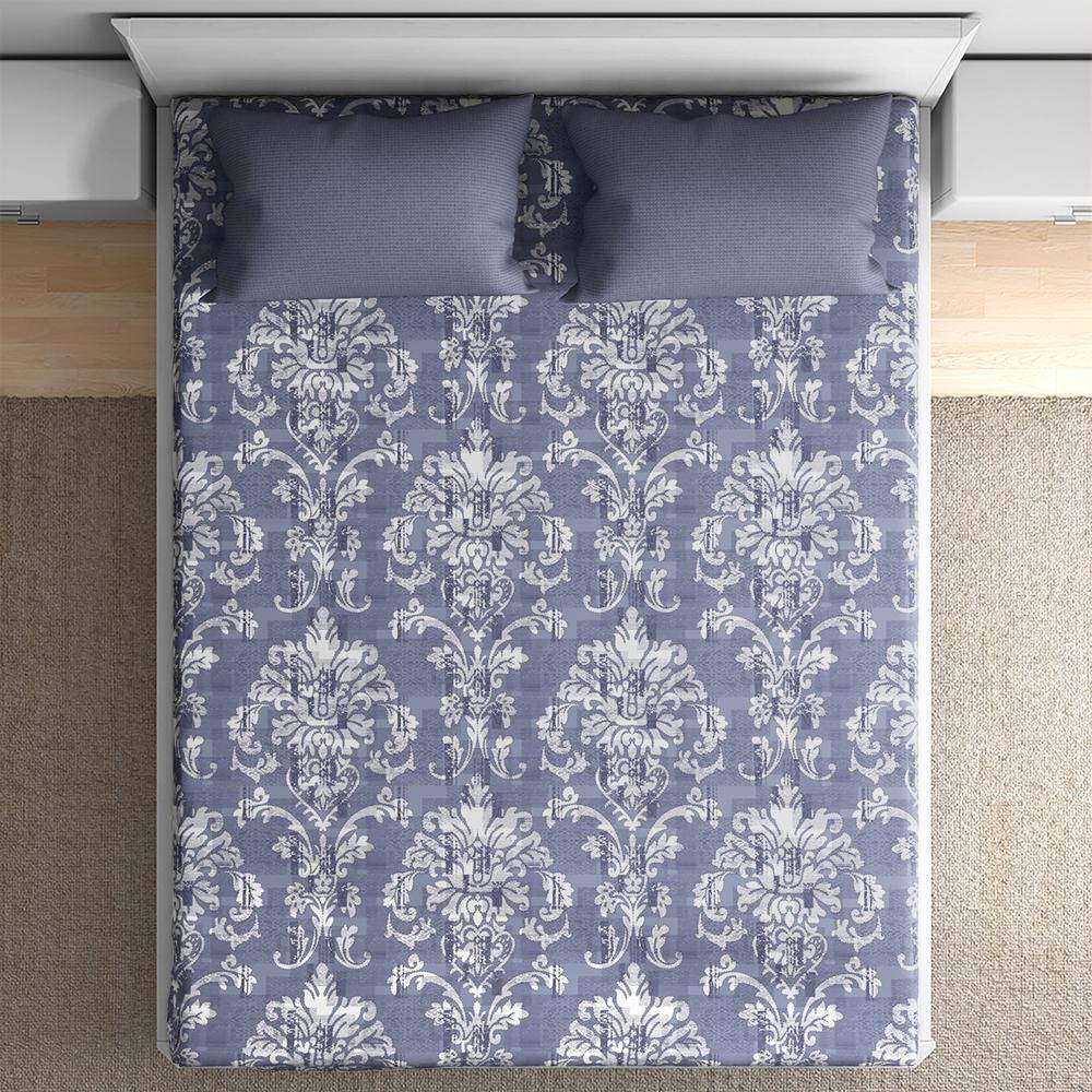 100% Cotton 200 TC Fitted Bedsheet With 2 Pillow Covers | Ross Blue King, 78" x 72", Ross Blue| 1.98m x 1.83m (78x72 inch)