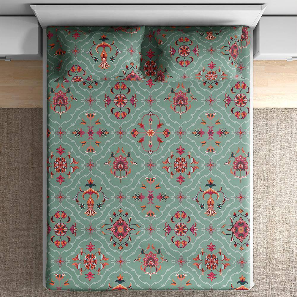 100% Cotton 200 TC Digital Printed Fitted Bedsheet With 2 Pillow Covers | Sharon Queen, 78" x 60", Sharon| 1.98m x 1.52m (78x60 inch)