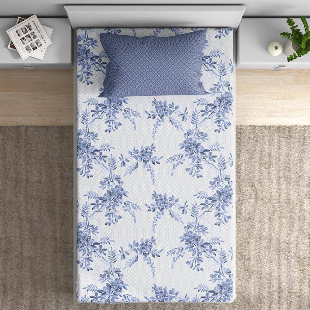 100% Cotton 200 TC Fitted Bedsheet With 1 Pillow Cover | Vintage Garden Single, 72" x 30", Vintage Garden| 1.83m x 76cm (72x30 inch)