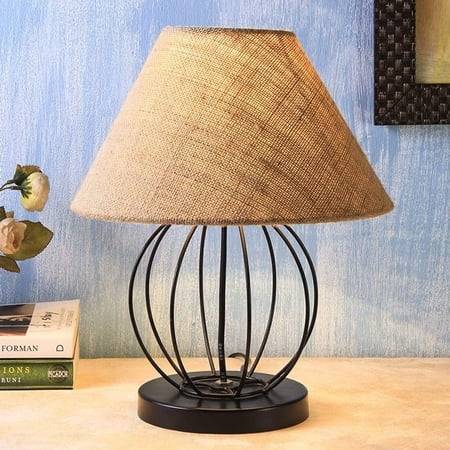 Snow Beige Natural Fiber Shade Table Lamp with Black Iron Base