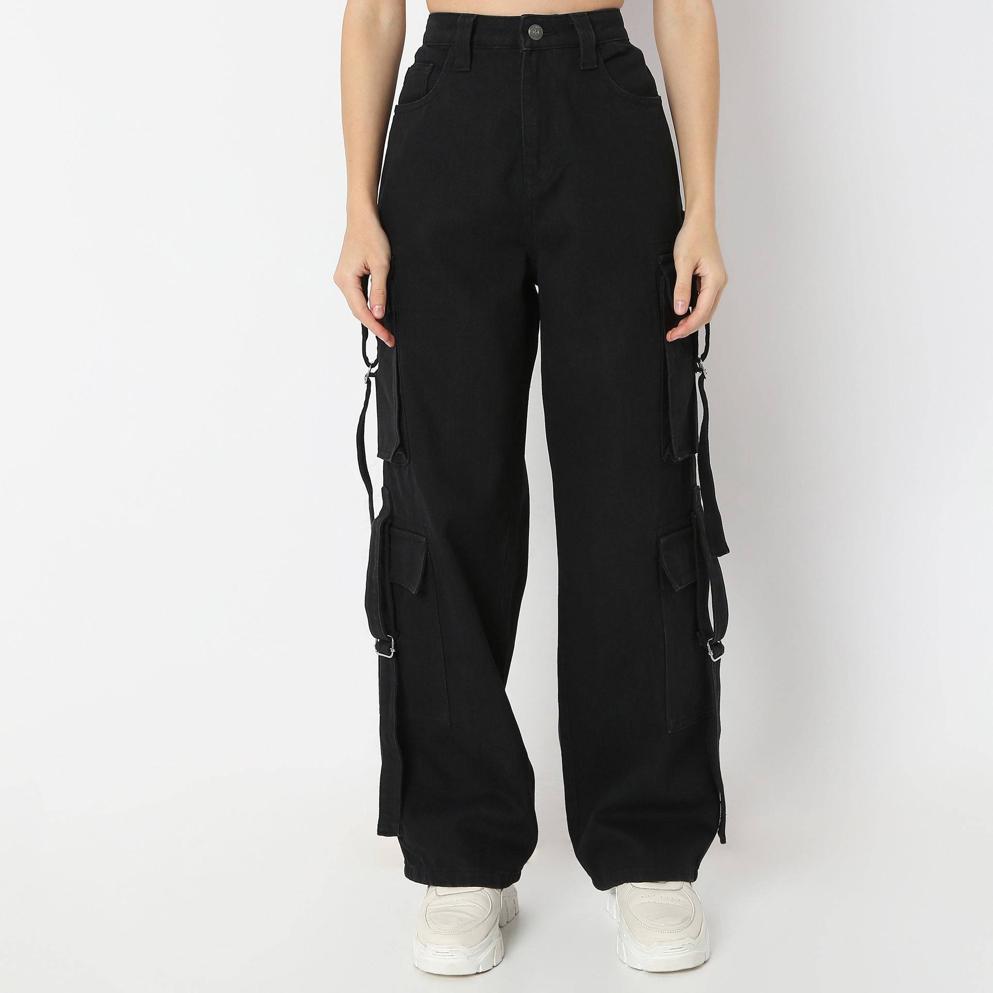 Solid Full-Length High-Waist Utility Crago With Street Look Flare Jeans