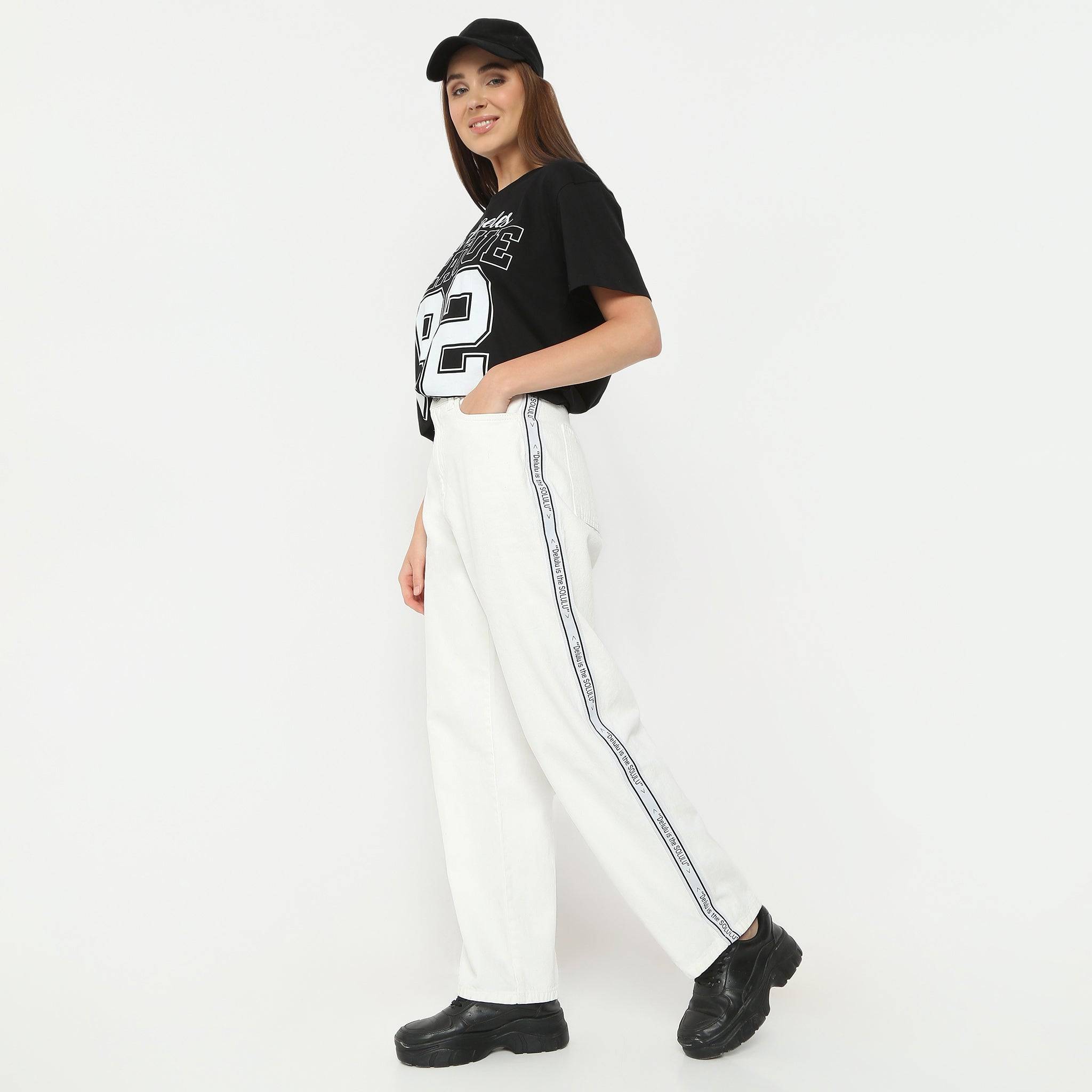 Straight Fit Solid Full Length High Rise Side Tape Look White Jeans