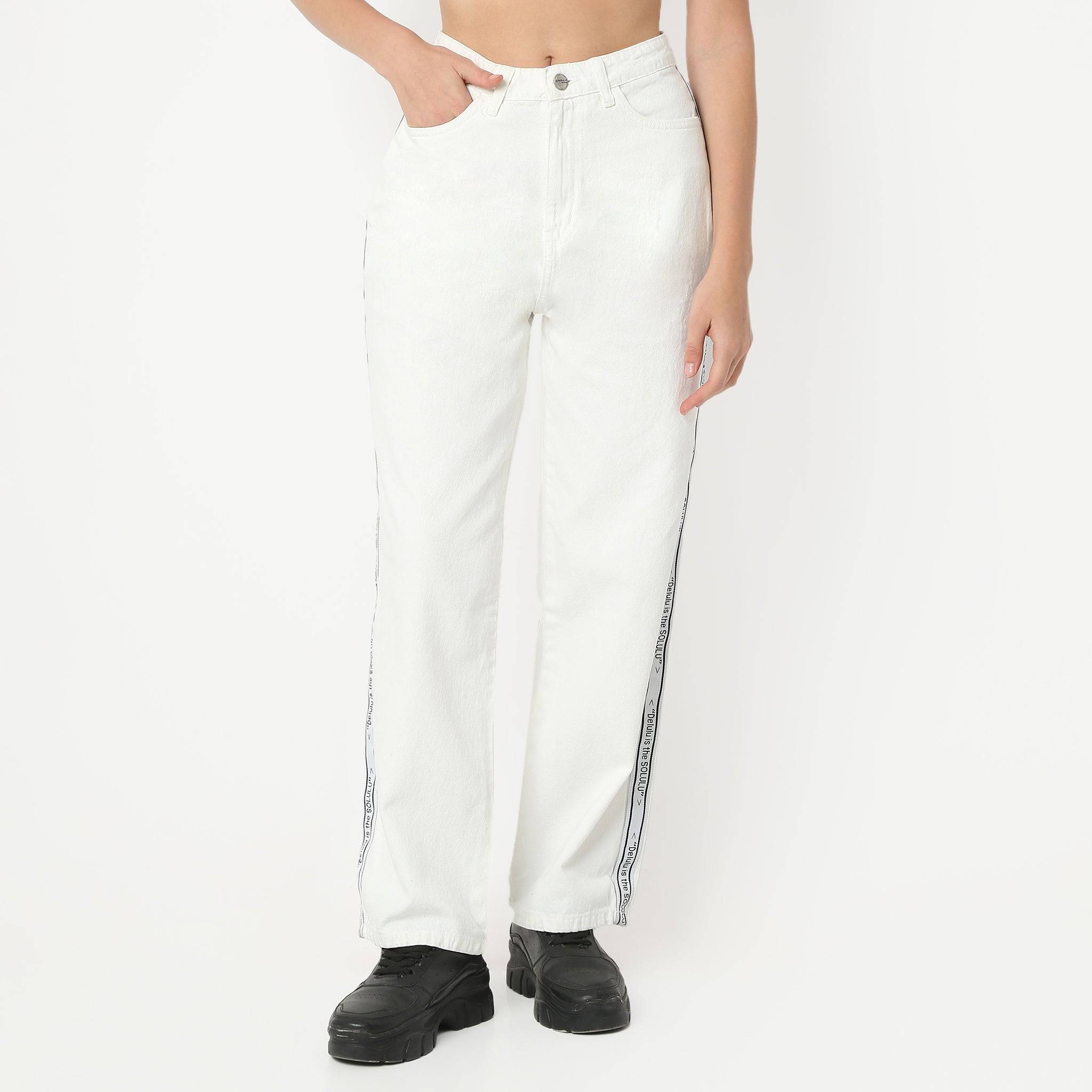 Straight Fit Solid Full Length High Rise Side Tape Look White Jeans
