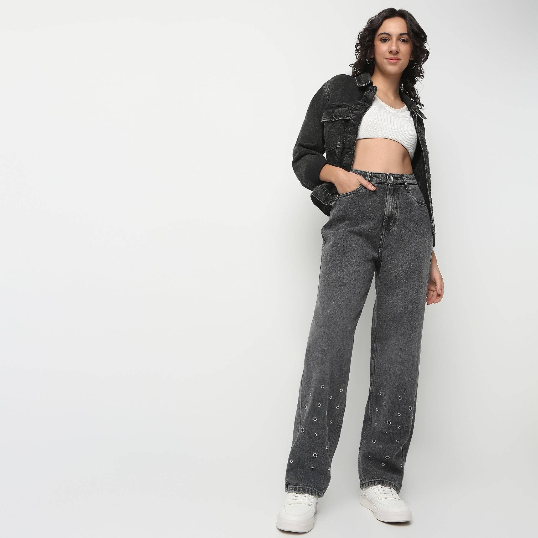 Full Length Straight Fit Pinholes Solid Jeans