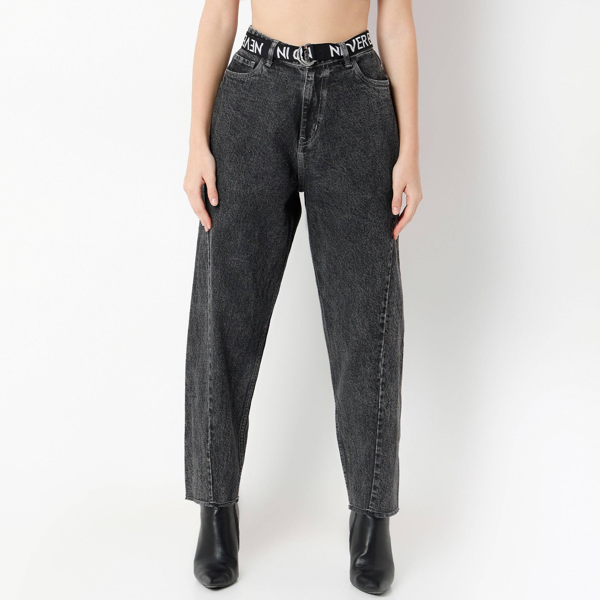 Ankle Length Slouch Fit Solid Jeans With Printed Tape Belt Look