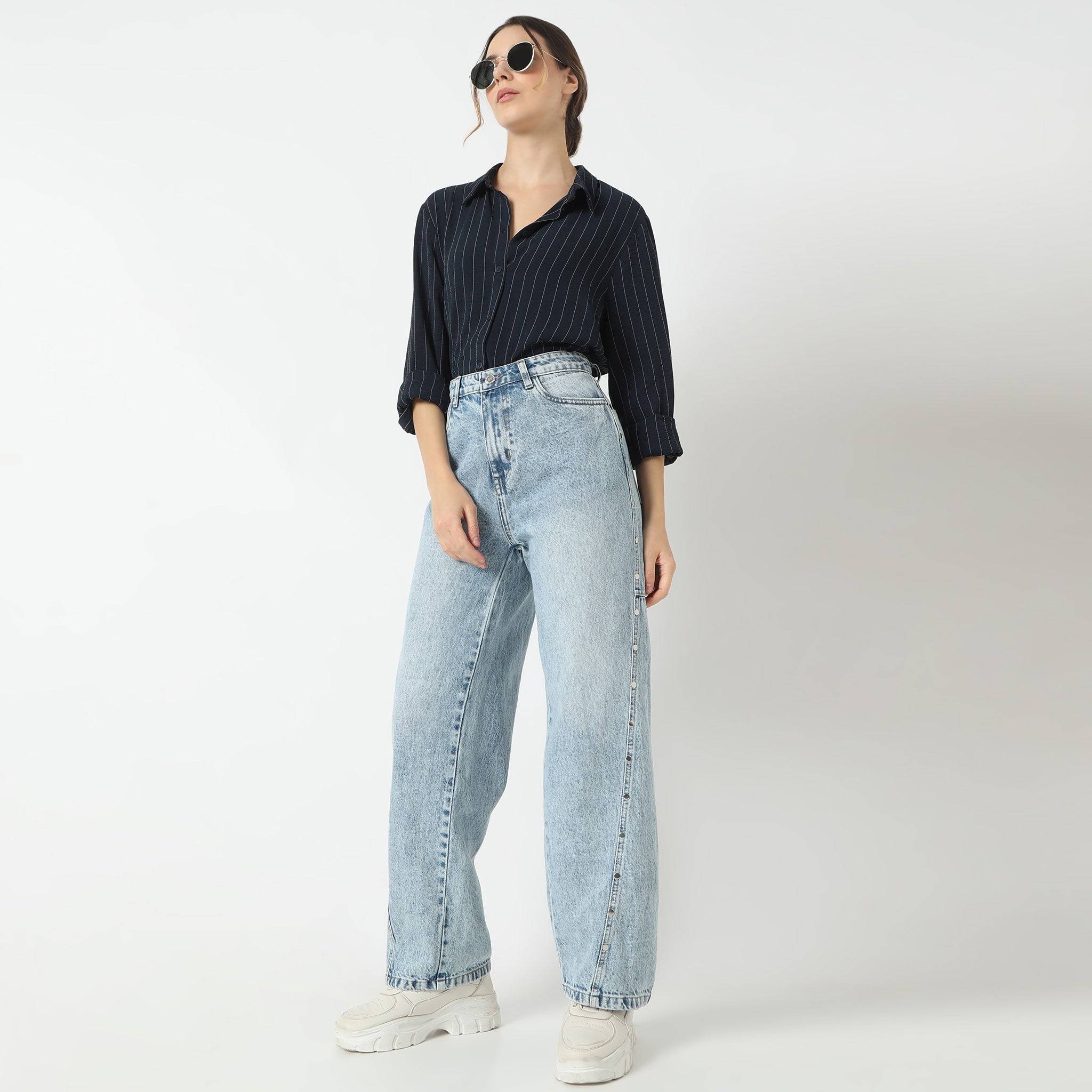 Straight Fit Full Length High Rise Light Wash Denim With Side Rivet Look Jeans
