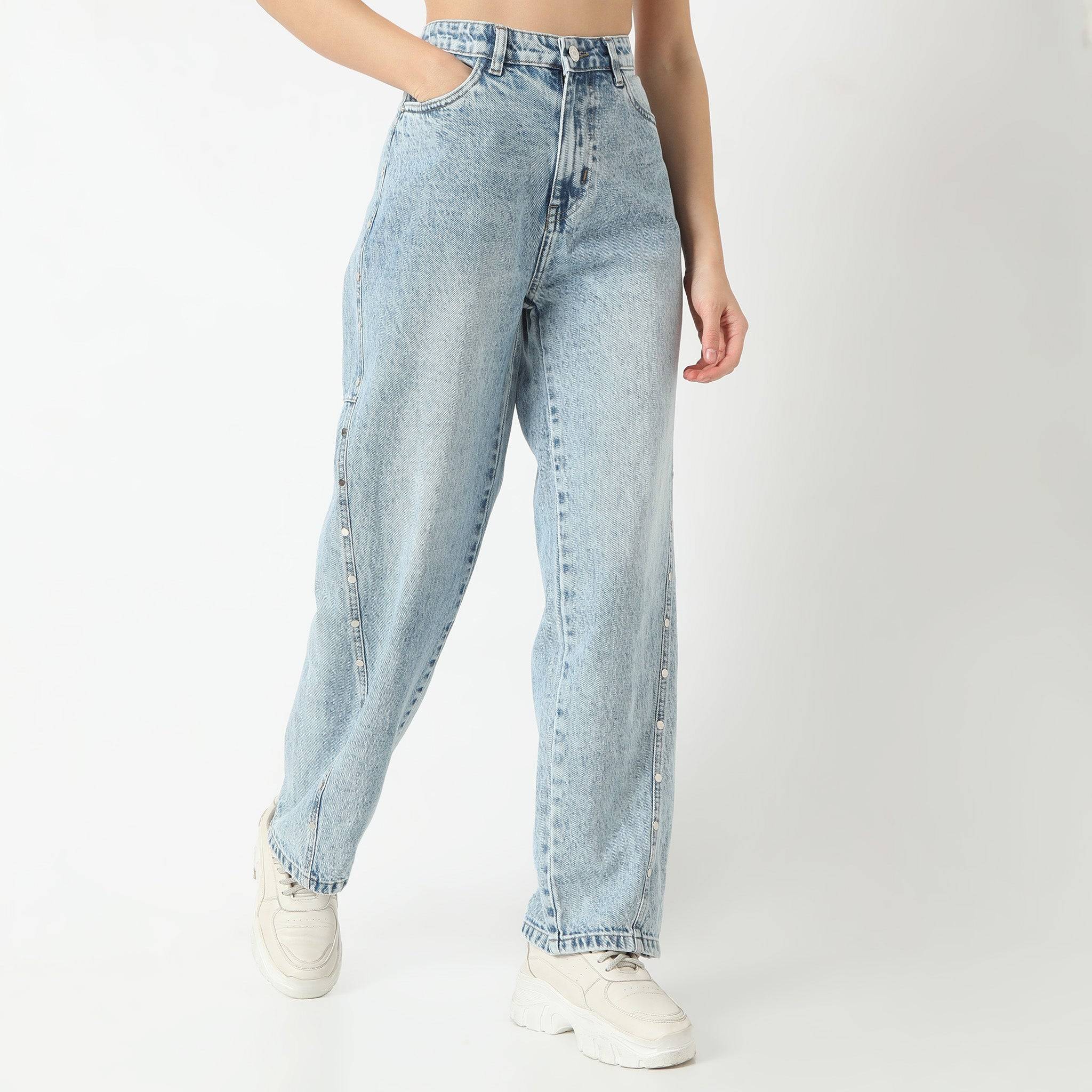 Straight Fit Full Length High Rise Light Wash Denim With Side Rivet Look Jeans