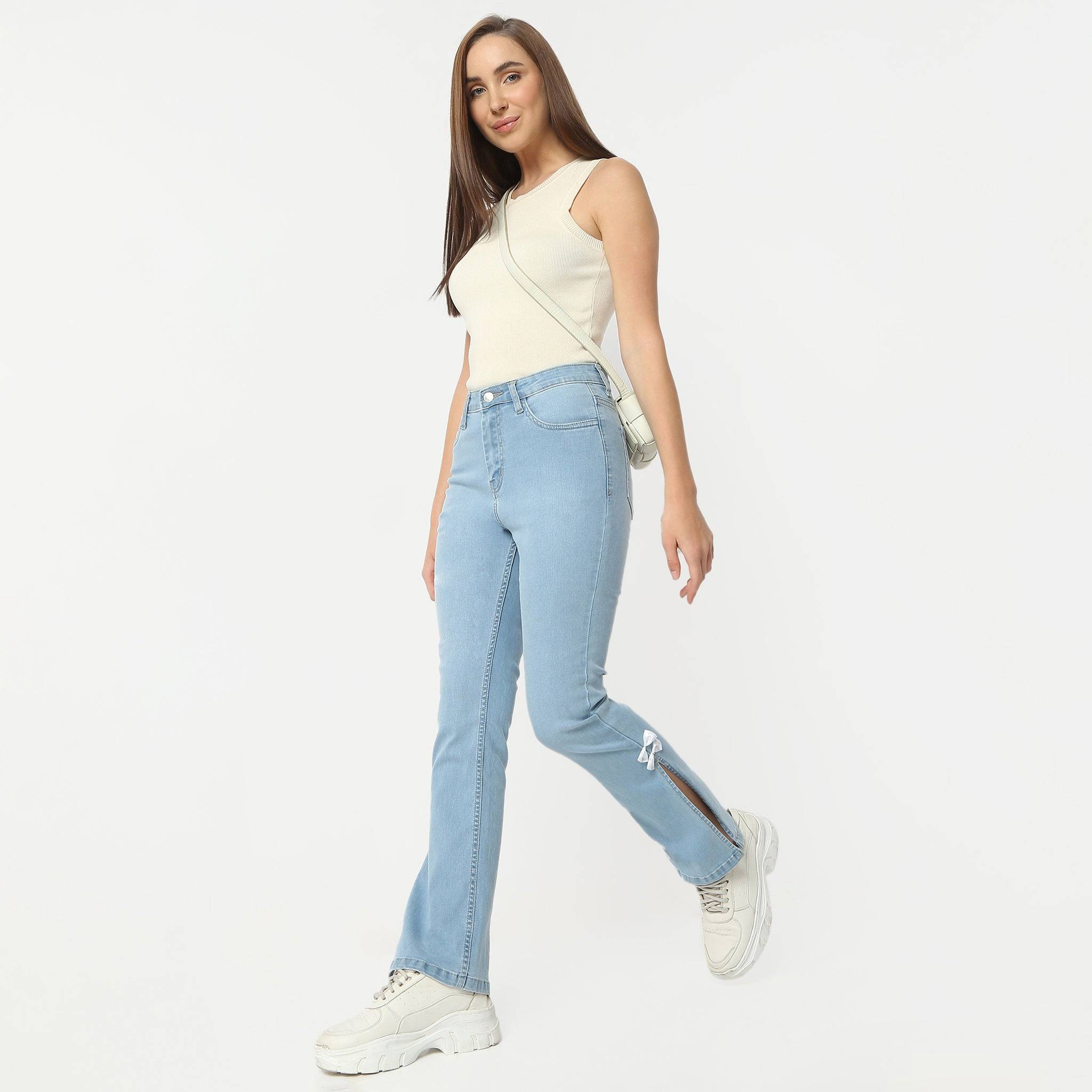 Boot Cut Full Length High Rise Bow-Adorned Blue Jeans With Side Slit