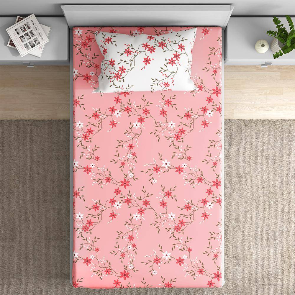 100% Cotton 200 TC Flat Printed Bedsheet, Sakura Single Size (90x60 inches) / (2.29m*1.52m) with 1 Pillow Cover Sakura, Single (90x60 inch)