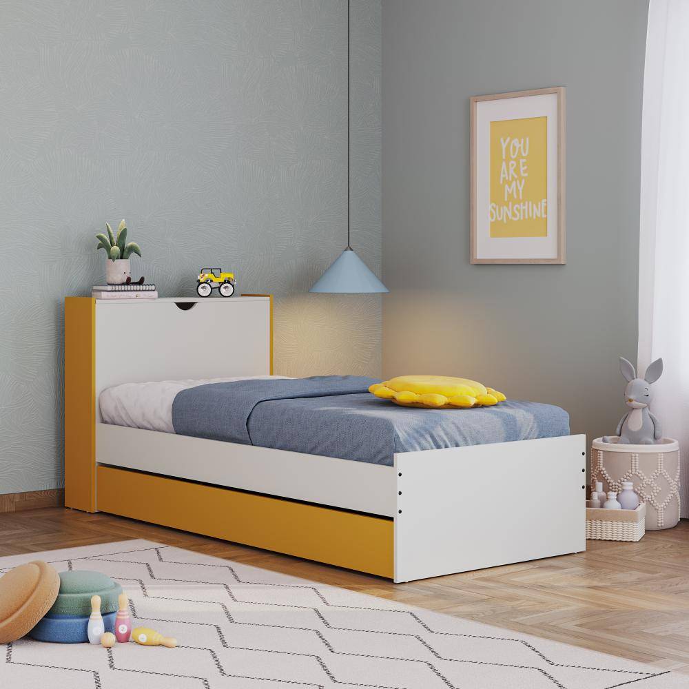 Capel Kids Trundle Bed with Headboard Storage | (78x36 inch) | (Frosty White & Toffee Yellow) | Space-Saving Single Bed with Pull-Out Bed & Extra Storage (78x36 inch)