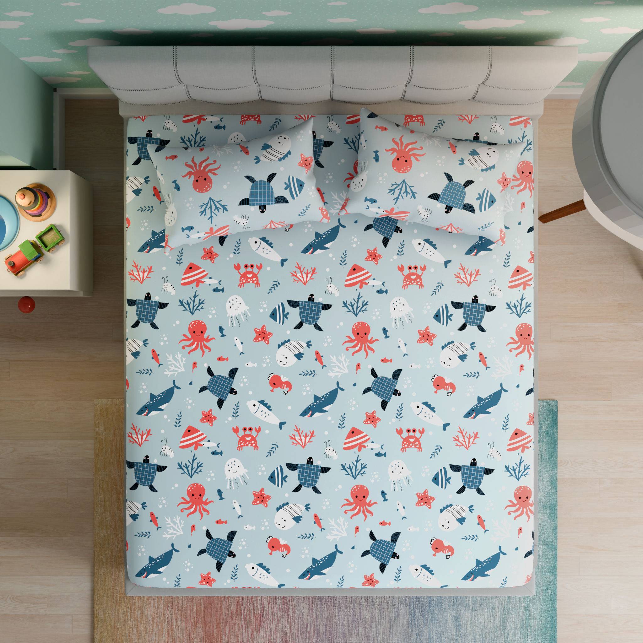 100% Cotton Kids Bedsheet | Super Soft | 160 TC Flat Bedsheet Set With 2 Pillow Covers | Double Size (100 x 90 inch) | Coral Dive