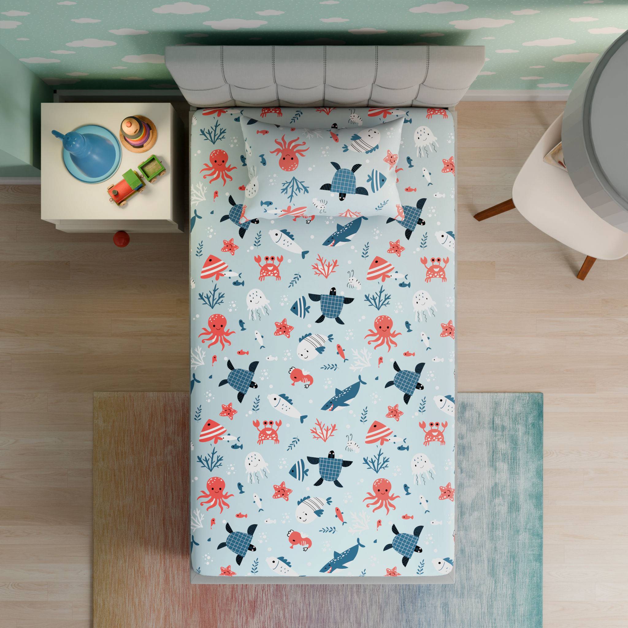 100% Cotton Kids Bedsheet | Super Soft | 160 TC Flat Bedsheet Set with 1 Pillow Cover | Single Size (90 x 60 inch) | Coral Dive