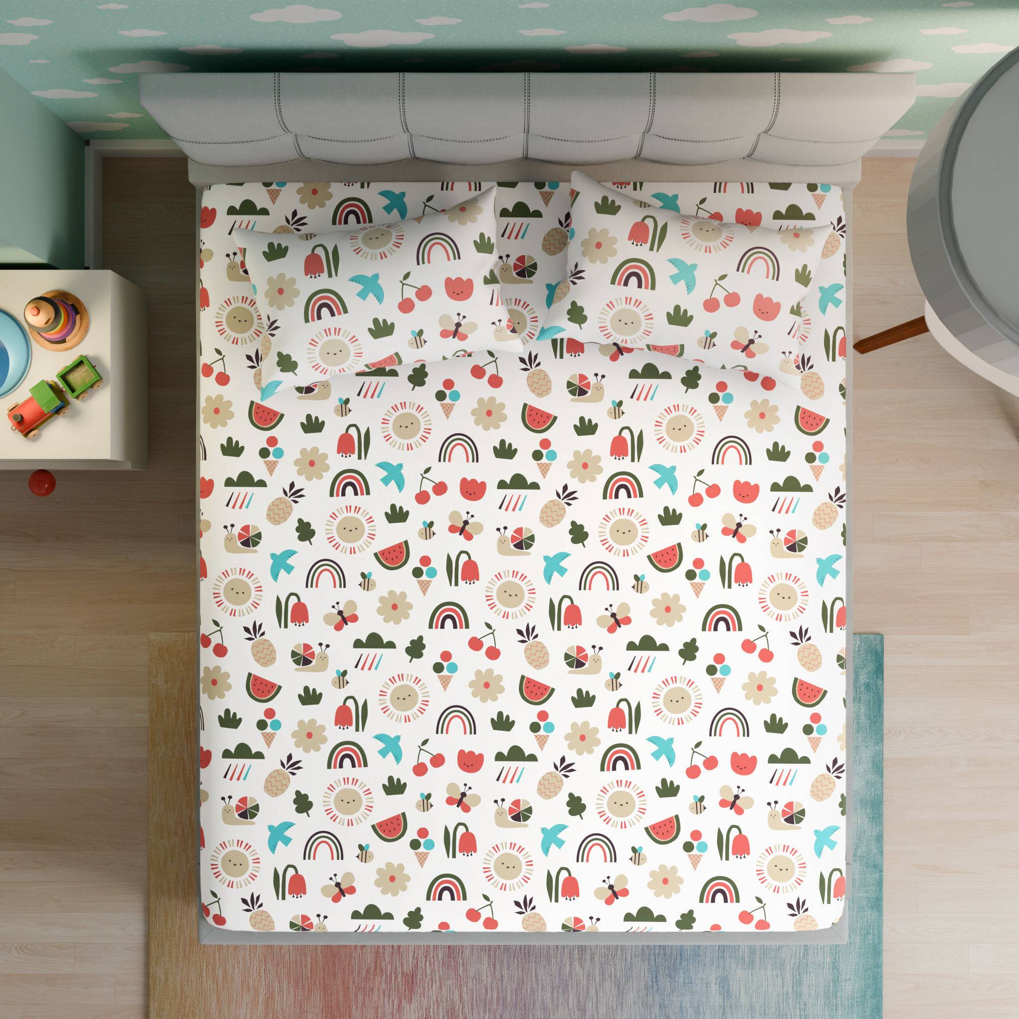 100% Cotton Kids Bedsheet | Super Soft | 160 TC Flat Bedsheet Set With 2 Pillow Covers | Double Size (100 x 90 inch) | Farmhouse