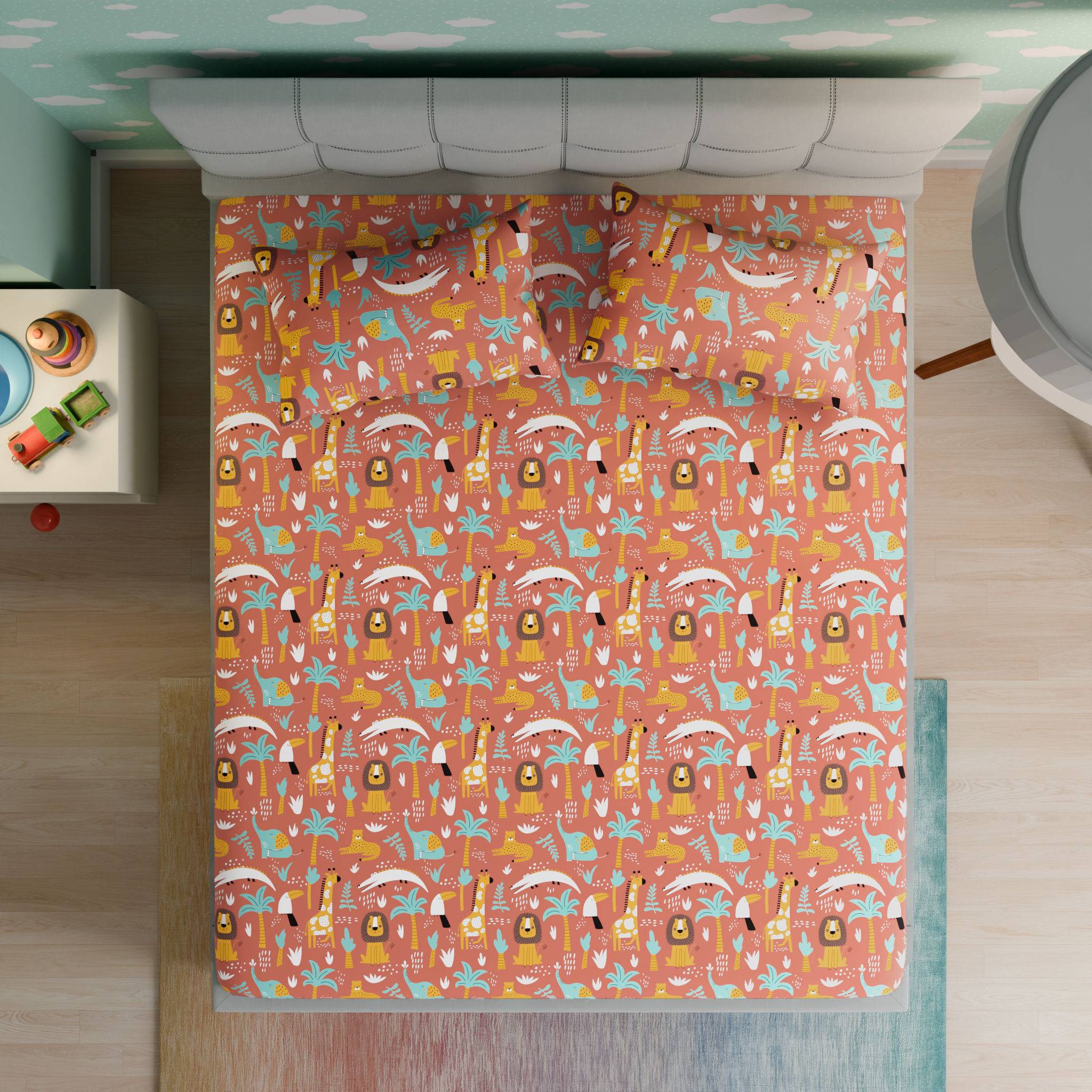 100% Cotton Kids Bedsheet | Super Soft | 160 TC Flat Bedsheet Set With 2 Pillow Covers | Double Size (100 x 90 inch) | Jungle Zoo