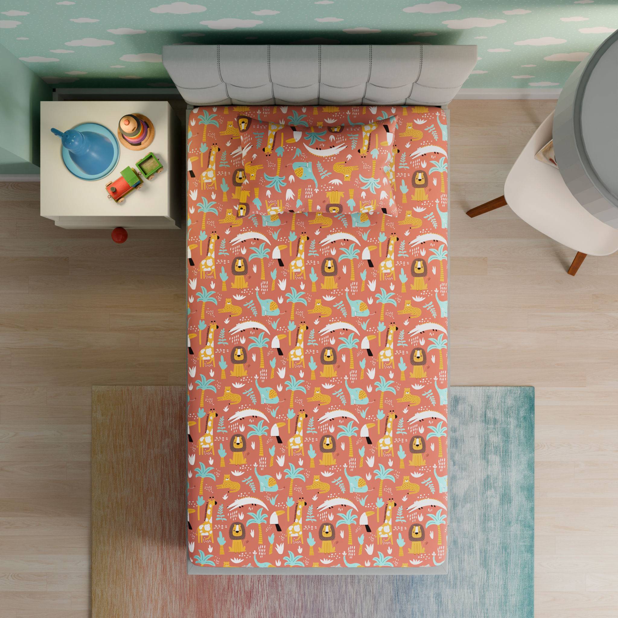 100% Cotton Kids Bedsheet | Super Soft | 160 TC Flat Bedsheet Set with 1 Pillow Cover | Single Size (90 x 60 inch) | Jungle Zoo
