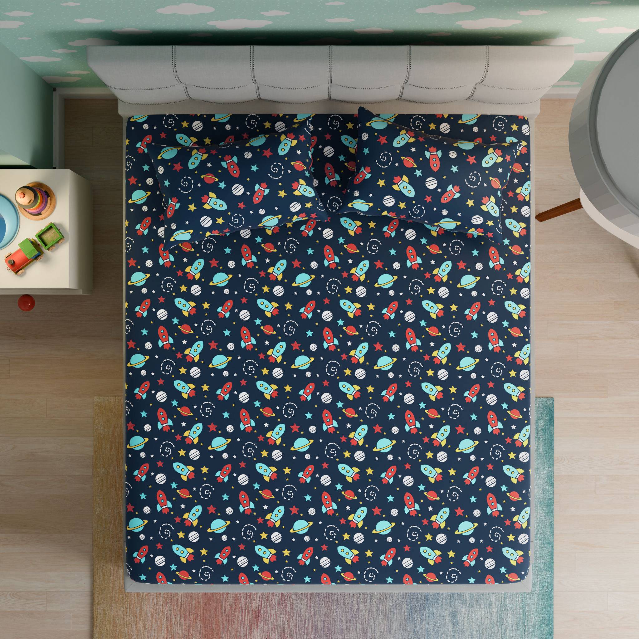 100% Cotton Kids Bedsheet | Super Soft | 160 TC Flat Bedsheet Set With 2 Pillow Covers | Double Size (100 x 90 inch) | Spaceship