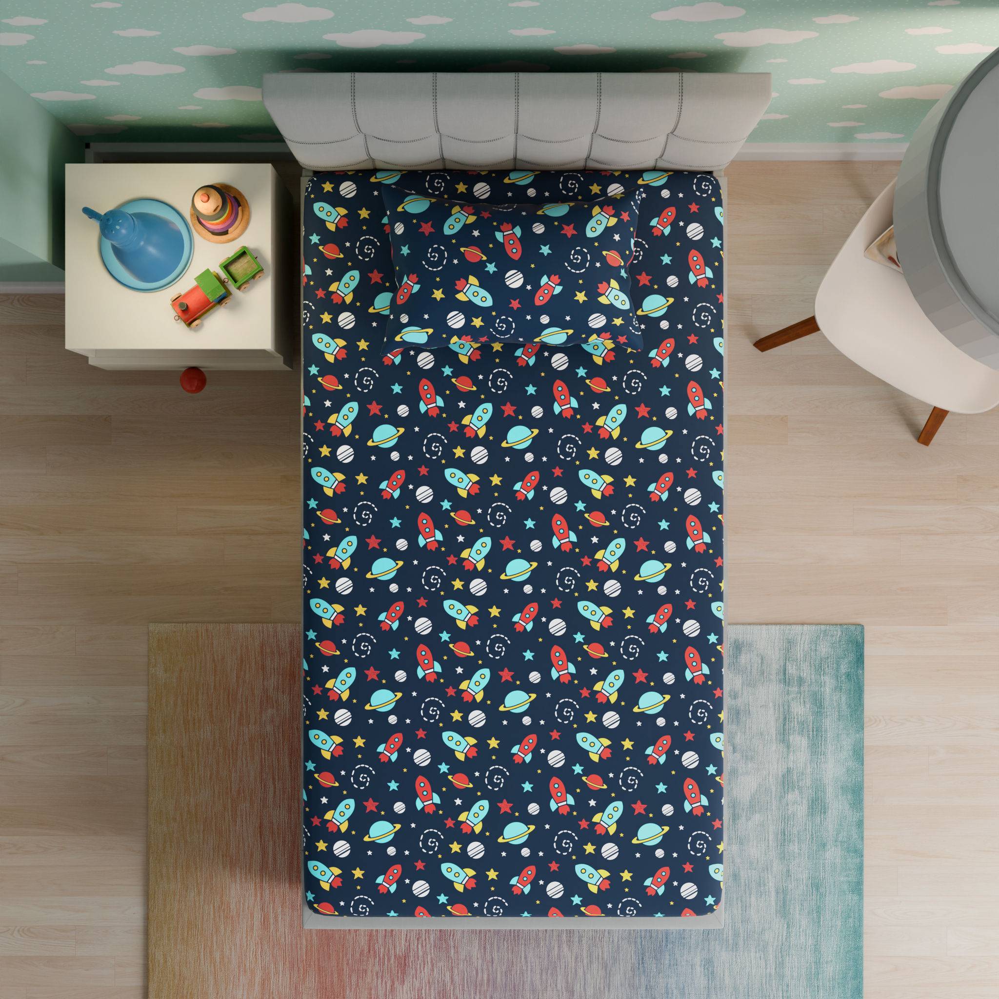 100% Cotton Kids Bedsheet | Super Soft | 160 TC Flat Bedsheet Set with 1 Pillow Cover | Single Size (90 x 60 inch) | Spaceship