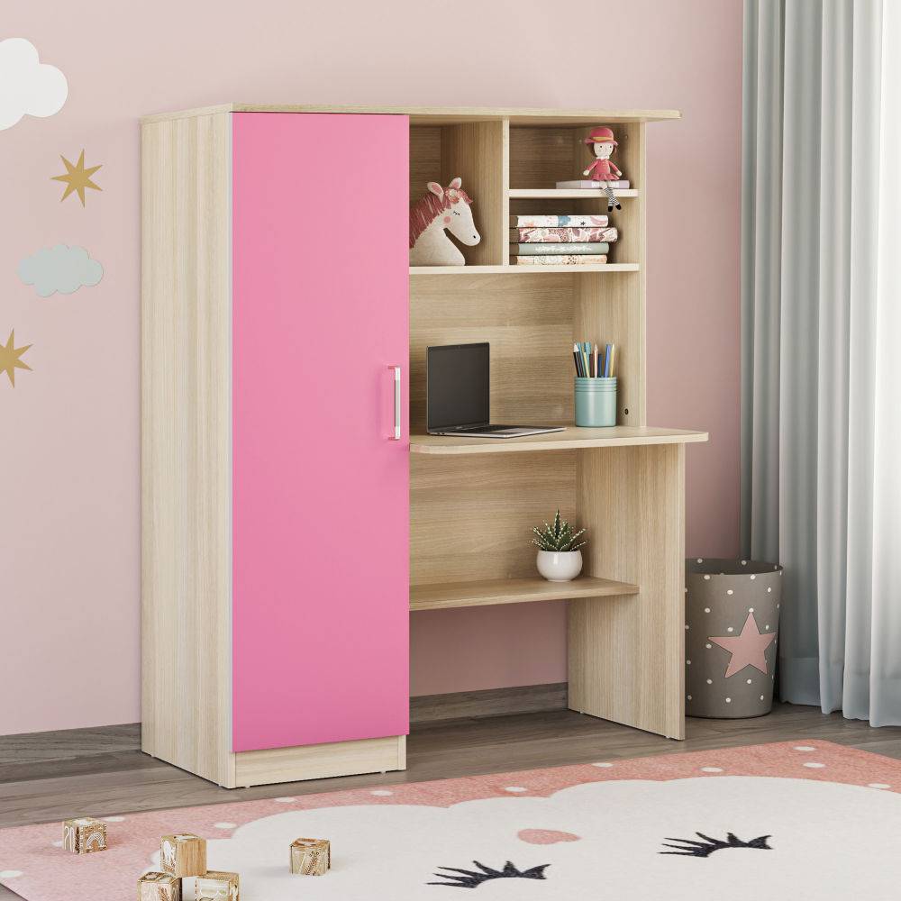 Chip Kids Study Table | (48x24 inch) | (Moldau Acacia & Pink) | Compact Kids Study Desk with Storage Shelf for Organized Learning