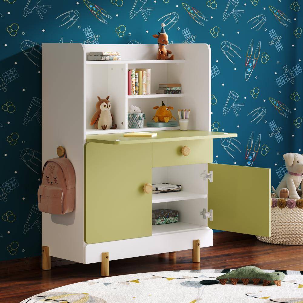 Meg Kids Study Table | (36x15 inch) | (Frosty White & Mellow Green) | Durable Wooden Study Desk for School Kids