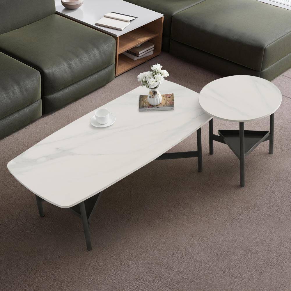 Malabar Coffee Table I Marble Finish I Vitrified Tile Top I Alaska White