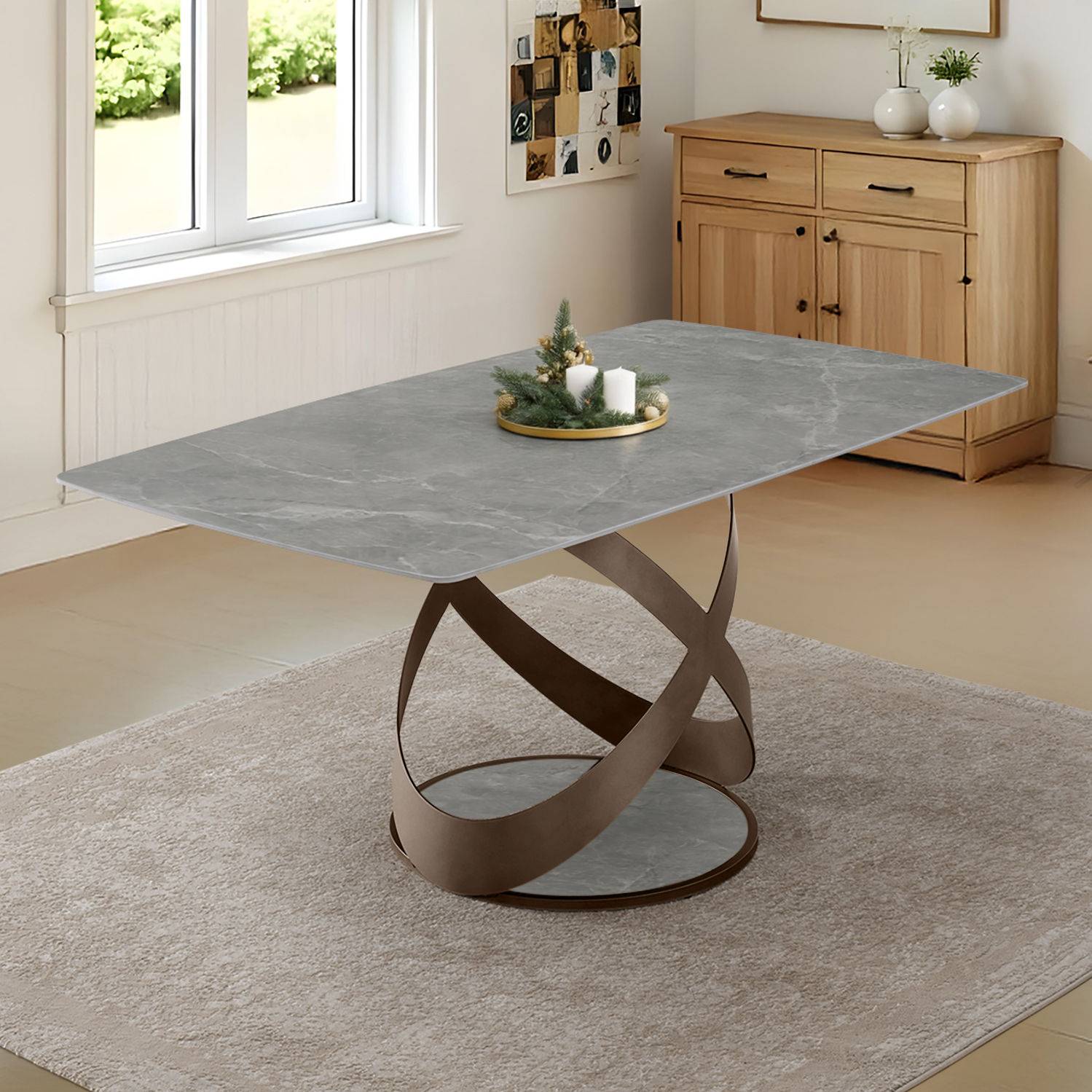 Mochi Dining Table - Omani Grey - 6 Seater I Marble Finish I Vitrified Tile Top I Omani Grey