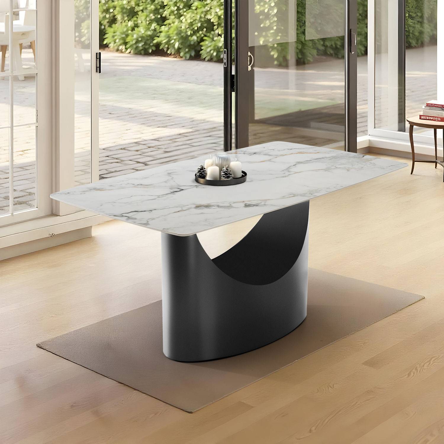 Taco Dining Table - Amphora White - 6 Seater I Marble Finish I Vitrified Tile Top I Amphora White