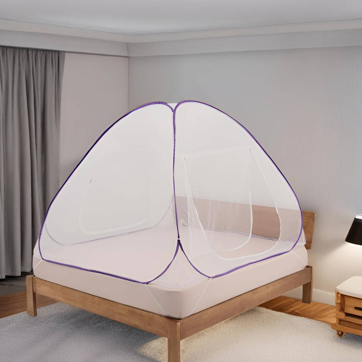 Mosquito Net for Double Bed | Queen Size Foldable Machardani | Lightweight & Breathable | Polyester 30GSM Strong Net | PVC Coated Corrosion Resistant Steel Wire - Purple