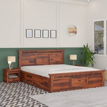 Madhavi Sheesham Wood King Size Bed In Honey Oak Finish With Hydraulic Storage (72 x 78 inches)