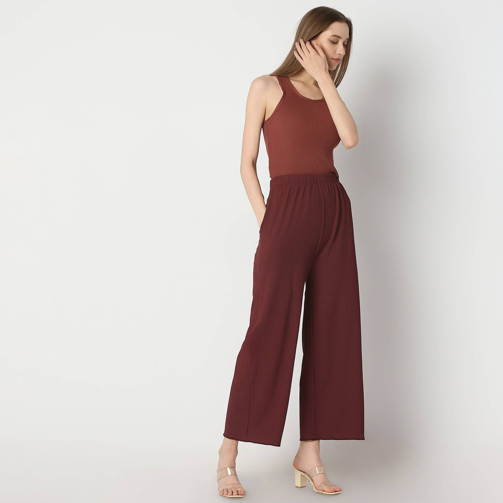 Flare Fit Solid Ankle Length High Rise Palazzos