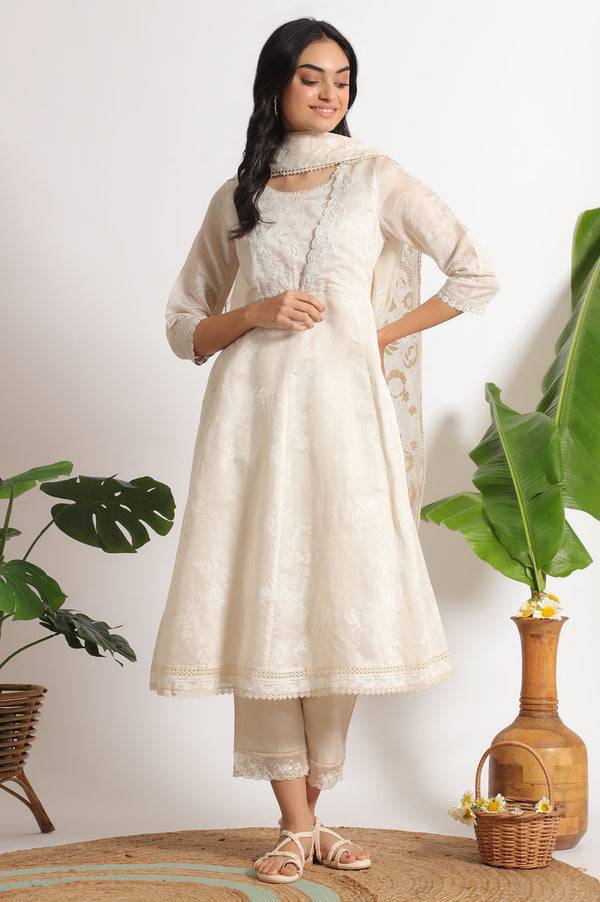White Printed Mock Layered Flared Chanderi Kurta, Pants and Dupatta Set