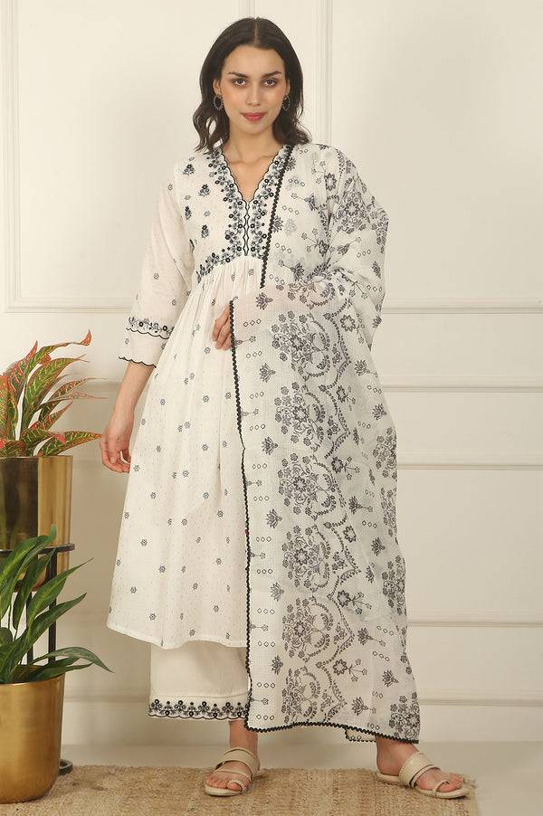 White Printed Thread Embroidered Chanderi Kurta, Pants and Kota Dupatta
