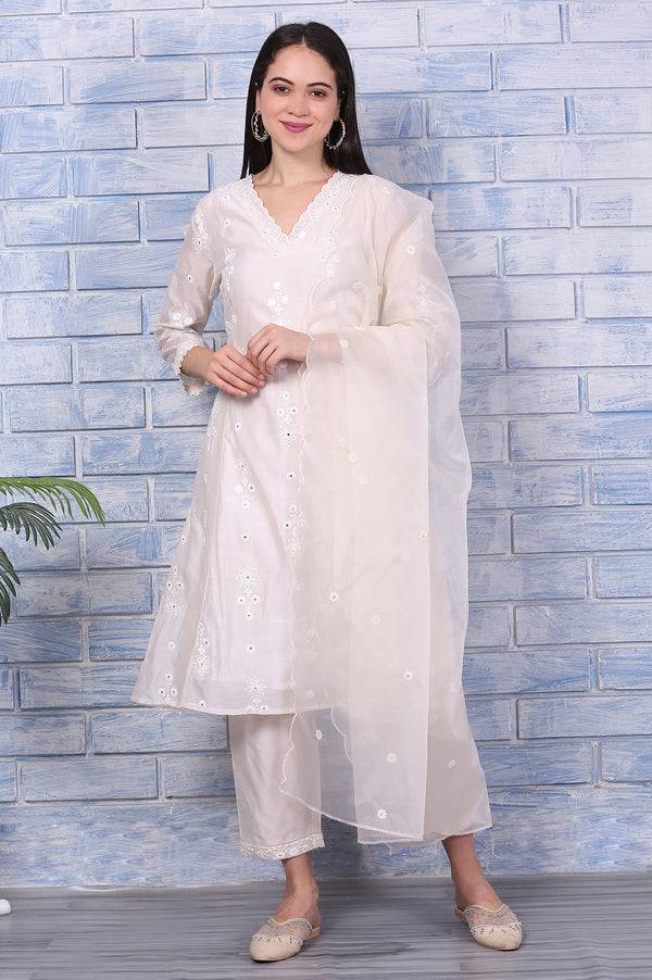 Cream Mirror Work Embroidered Chanderi Flared Kurta, Pants and Dupatta Set