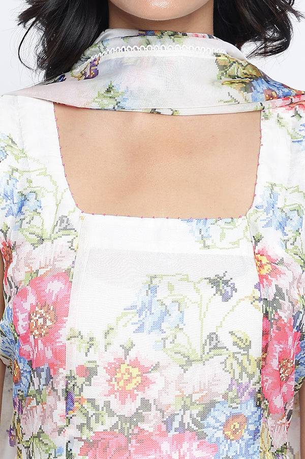 Ecru Printed Organza Flared Dress and Dupatta Set
