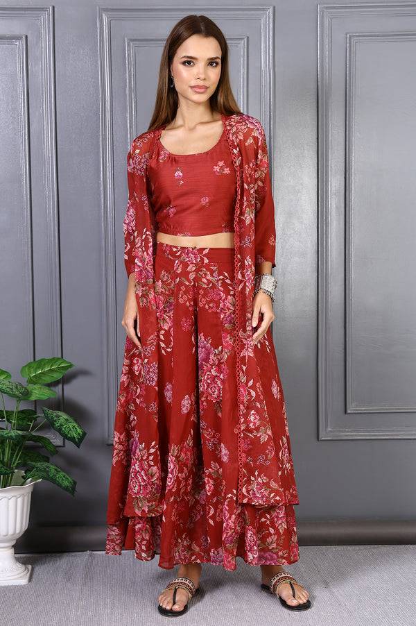Red Floral Printed Lace Chiffon Crop Spaghetti Top, Jacket and Flared Pants Set
