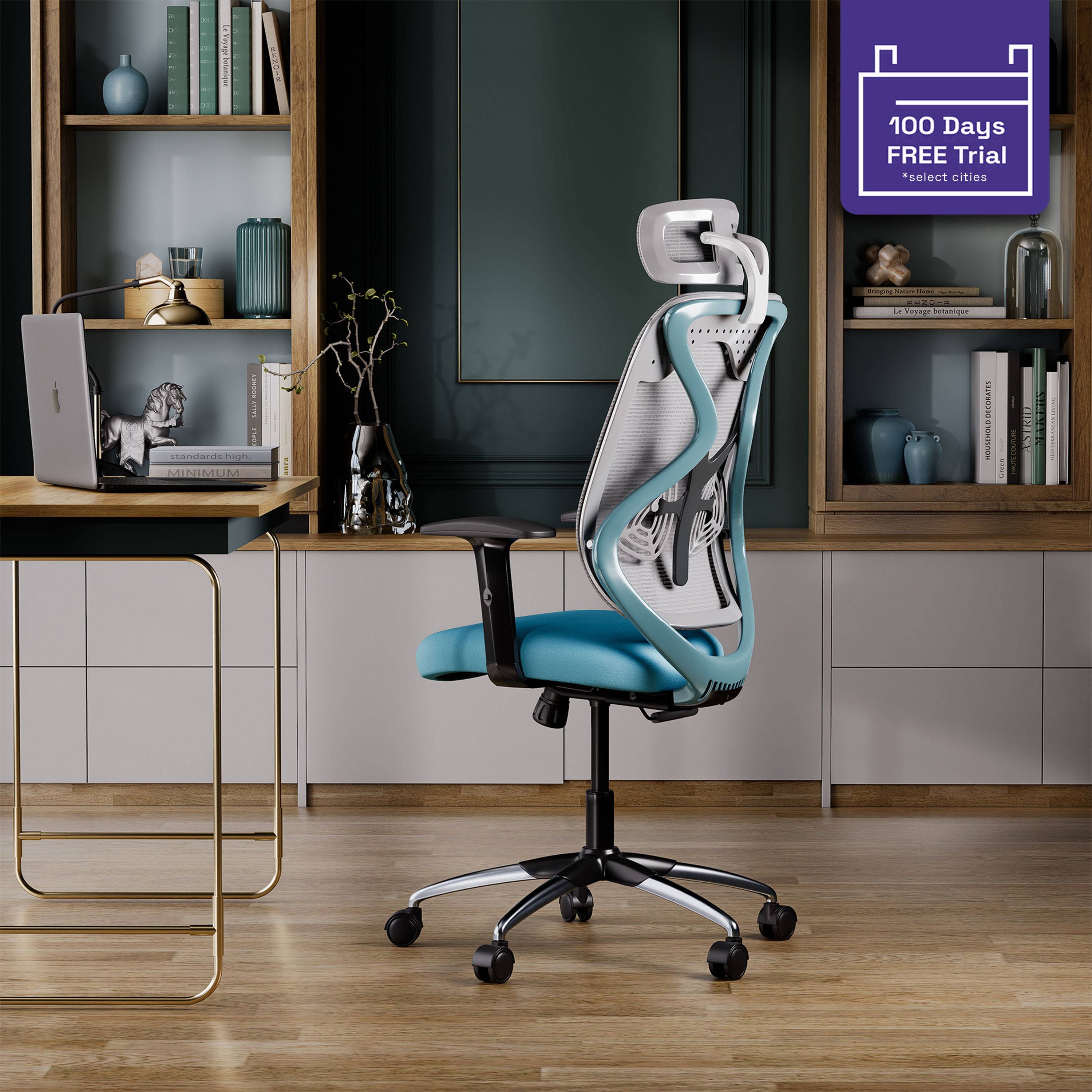 Gravita Ergonomic HighBack Office Chair | White and Sea Green | Chrome Base | Multi Lock Mechanism | 2025 Edition | DIY (Do It Yourself)