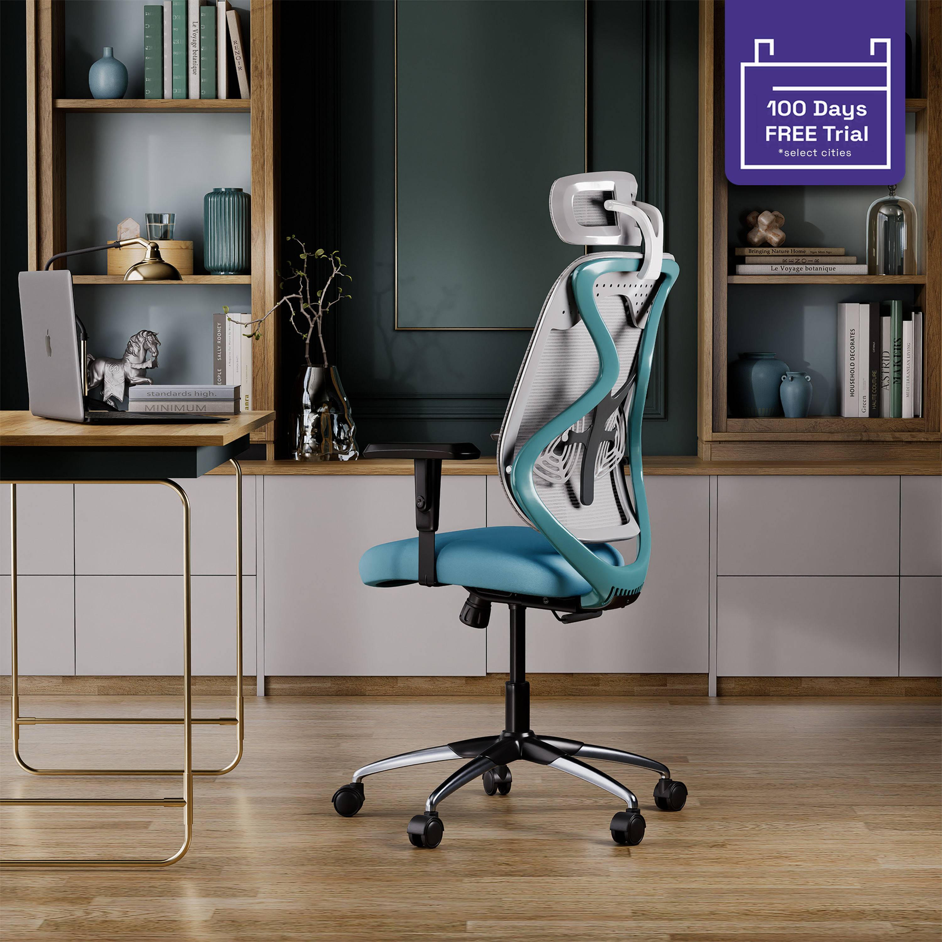Gravita High Back Office Chair, White and Sea Green Body, Chrome Base, Multi Lock mechanism